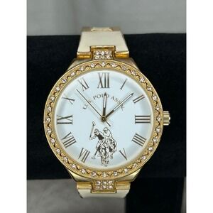 U.S. Polo Assn. Gold Rhinestone Bezel Watch Ivory Band Women's Wristwatch in box